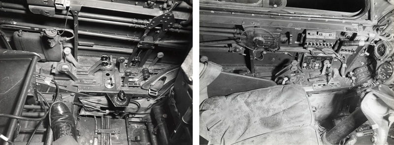 Junkers Ju88 A-4 vasen sivukonsoli jossa on mm. kaasu- ja RPM-vivut ja muut pommikoneen hallintalaitteet.